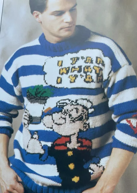 KNITTING PATTERN Mens Popeye with spinach intarsia jumper - striped sweater DK