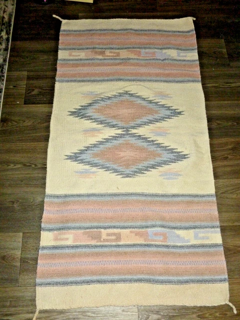 Vintage OAXACAN RUG CARPET Hand LOOMED WOOL MEXICAN ZAPOTEC FOLK 28x56"