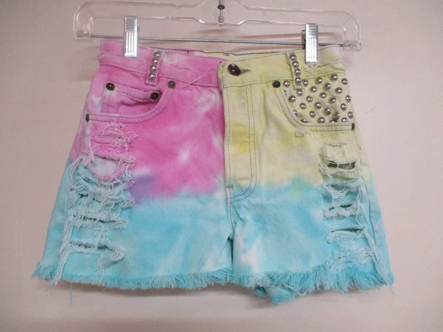 RILEY pink yellow blue Denim distressed destroyed studded shorts sz S