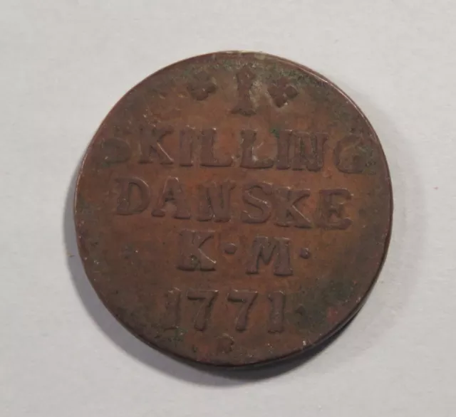 Denmark 1 Skilling 1771 Copper World Coin Danske K.M. Monogram Crown Shilling