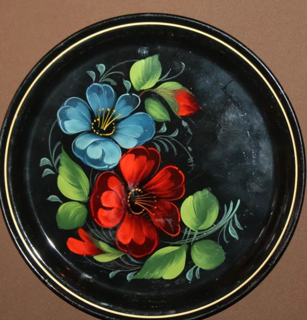 Vintage Russian Hand Painted Floral Metal Tole Plate