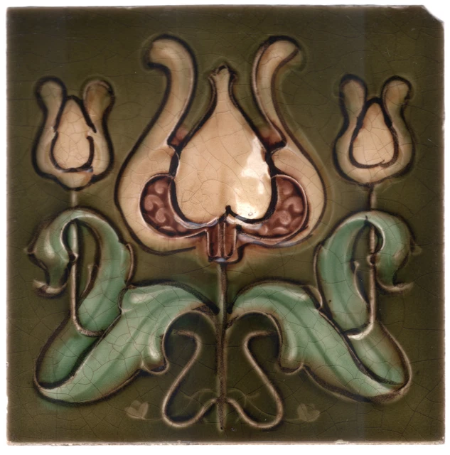 Henry Richards - c1904 - Triple Tulip Floral - Antique - Art Nouveau - Tile