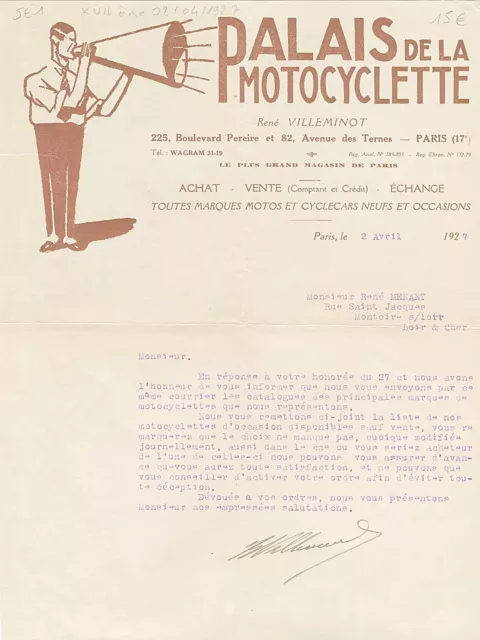 Paris XVII ème - Belle Entête Palais de la Motocyclette René VILLEMINOT de 1927