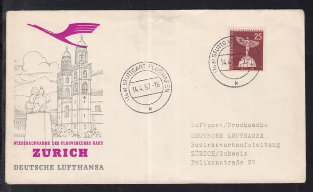 FL 1) Allemagne RFA Lufthansa 1957 super reçu postal aérien Stuttgart - Zurich