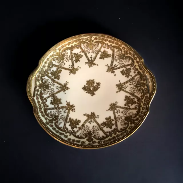Hand Painted Nippon Cake Plate Maple Leaf Mark  Raised Gold Design