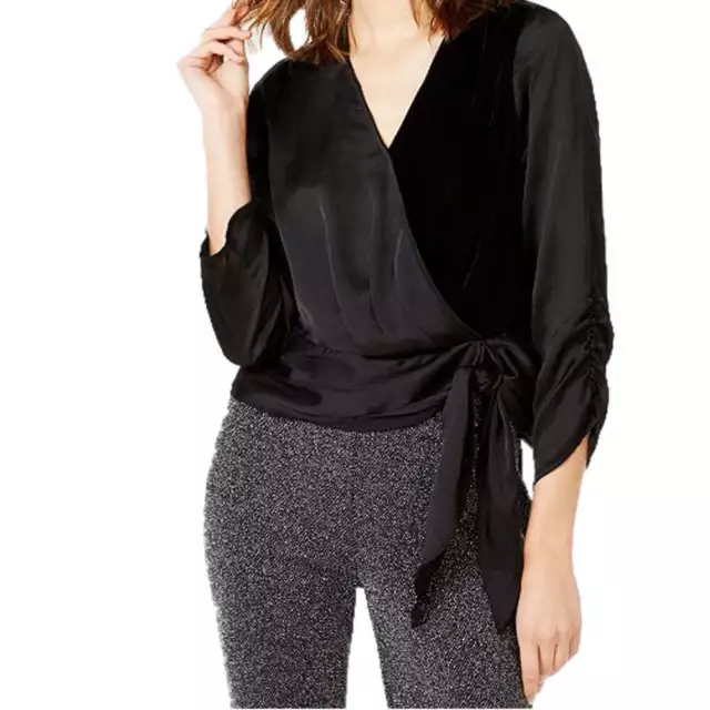 allbrand365 designer Womens Velvet Wrap Top, Small Petite, Deep Black