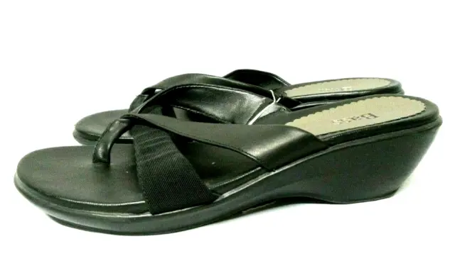BASS Womens Sz 7 M Black Leather Slip On Double Strap Wedge Heel Thong Sandals