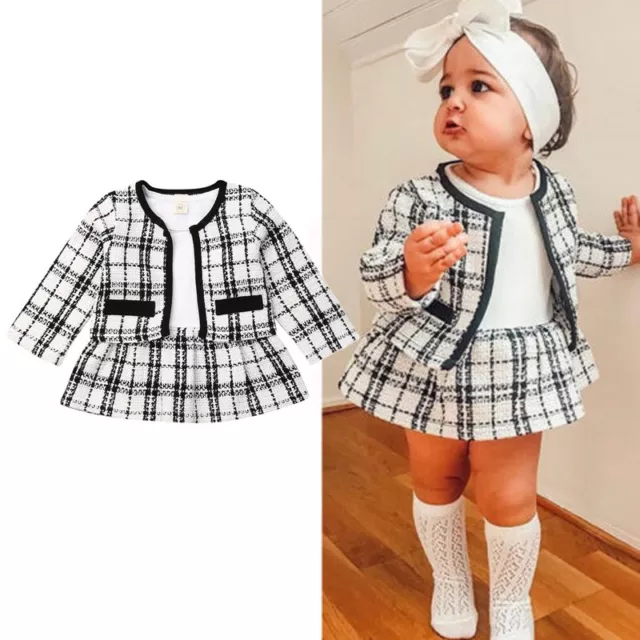 Toddler Baby Girls Winter Clothes Plaid Coat Tops+Tutu Dress Formal Outfits Gift