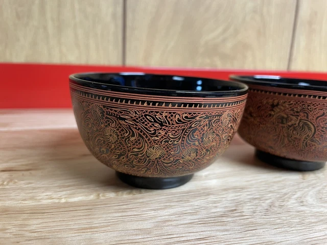 SET OF 3 Burmese Lacquer Bowls Cups Hand Painted Lacquerware Asian Myanmar 2