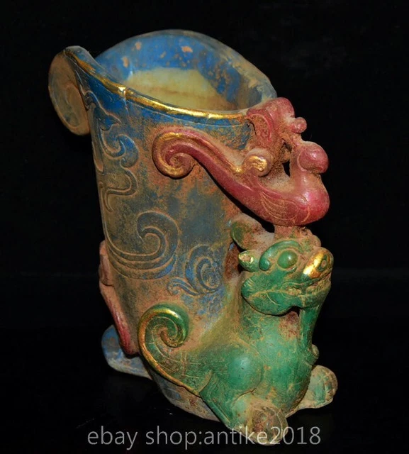 8 " China Hongshan Culture Jade Painting Carved Dynasty Dragon Phoenix Wine Cup