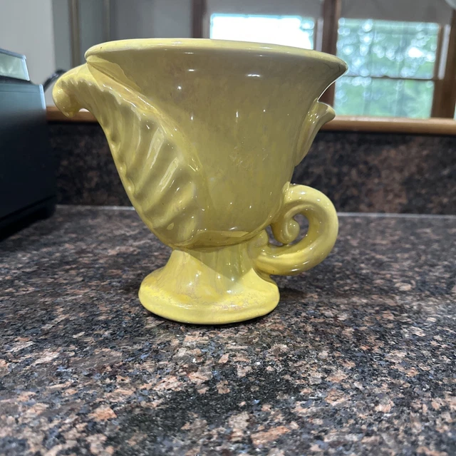 Gonder Pottery urn vase with leaf golden yellow and terra cotta pink glaze