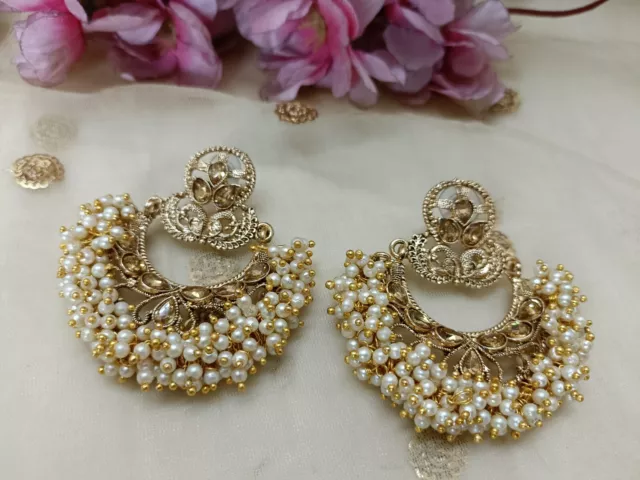 Bollywood Style Gold Tone Indian Wedding Kundan Pearl Jhumka Earring Jewelry