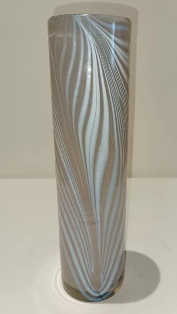 Vintage Art Glass Pulled Feathered White On Encased Pink Tall Vase