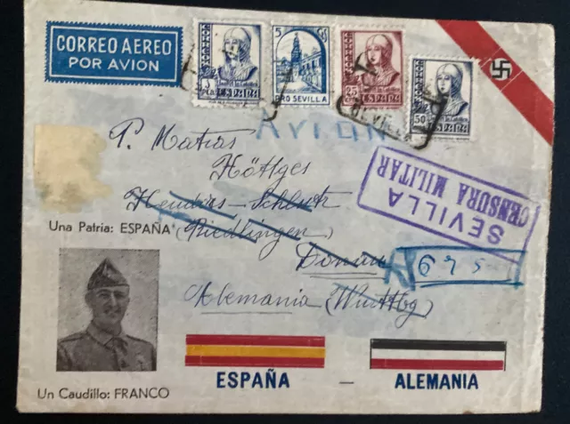 1937 Sevilla Spain Civil War Censored Airmail Cover To Donau Germany