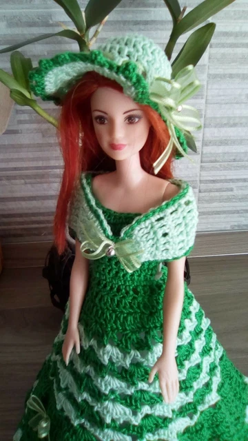 VESTITO BARBIE ALL UNCINETTO Cappello stola Cotone Cable Lavorato A Mano EUR 20 00 PicClick IT