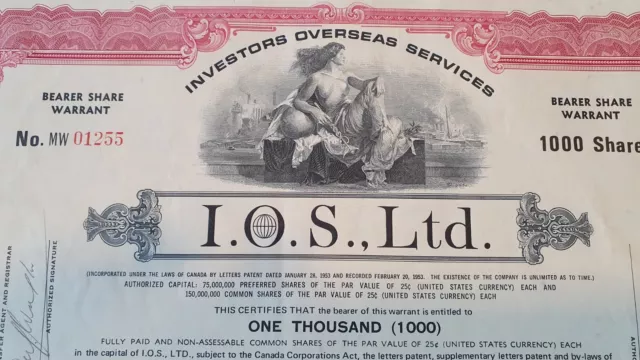 I.O.S. (IOS) Investors Overseas Services Ltd.1969,1.000 Bearer Share,1000 Shares