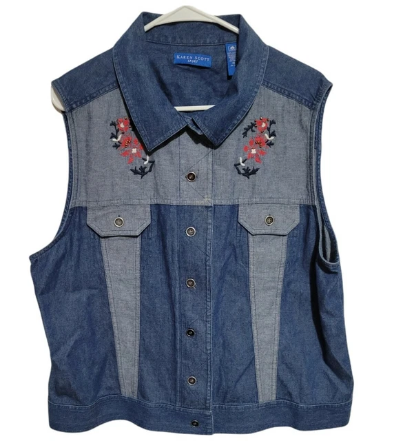 VTG Women's Karen Scott Sport Denim Vest blouse shirt two tone floral embroidery