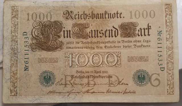 altes Geld, Reichsbanknote 1000 Mark  von 1910