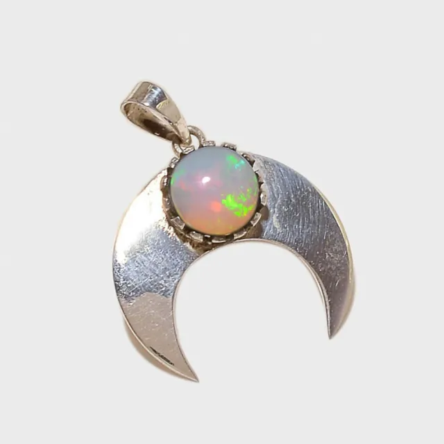Pendentif demi-lune en argent sterling 925 avec opale de feu de forme ronde...