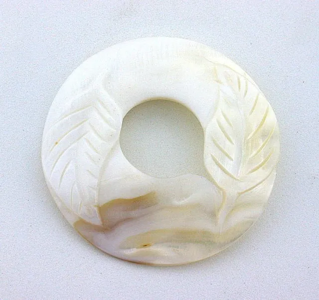 ONE Two Inch Round Natural Carved White Shell Leaf Carving Focal Gem Bead ES7852