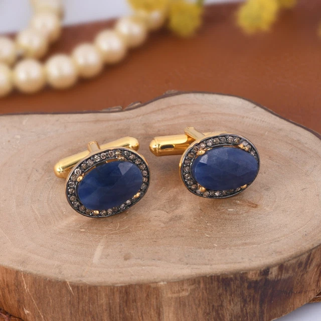 Gemelli Diamanti Pietra Preziosa Zaffiro Blu Naturale Argento Sterling Da Uomo