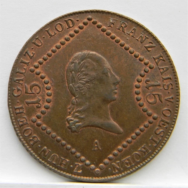 AUSTRIA, Empire Franz II era large 1807A copper 15 Kreuzer; rare UNC red-brown 2