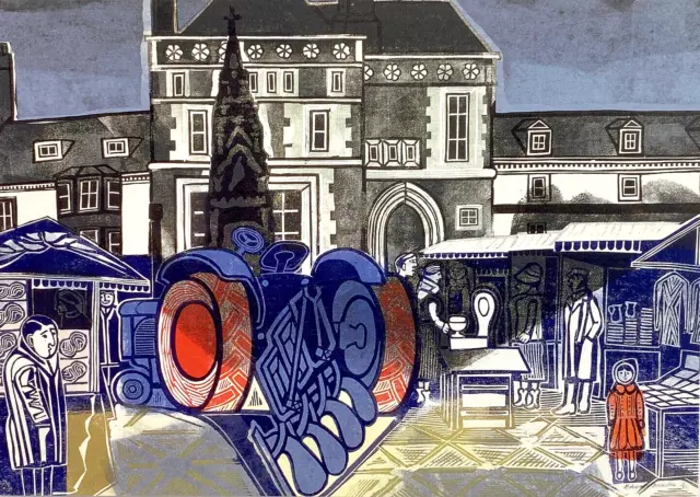 Postcard Edward Bawden The Blue Plough Tractor Saffron Walden Market Place Essex