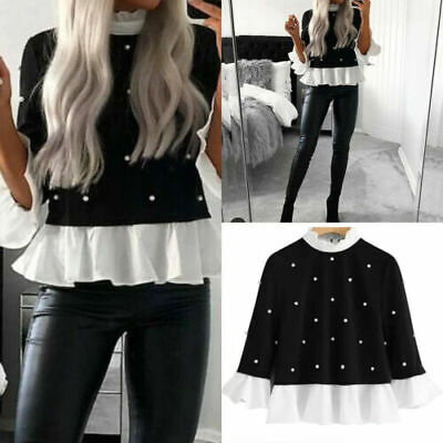 new Ladies Tops Casual Pullover Sleeve Long Ruffle Frill Loose Womens