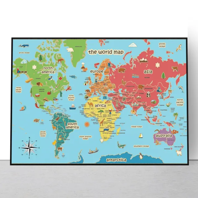 Kids World Map Educational Poster Print Coloured Continents Wall Art A3 A2 A1