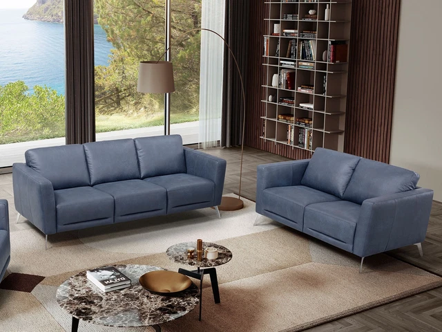 NEW SPECIAL - Italian Made Modern Blue Leather Sofa Loveseat Set Furniture IGBV