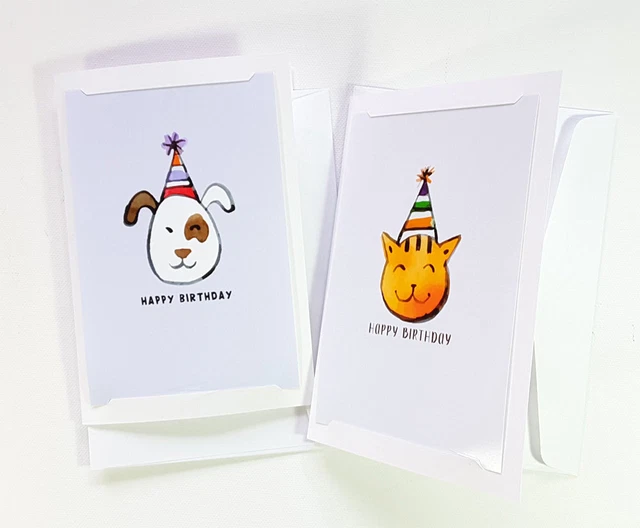 2 FUNNY HAPPY Birthday Card Greeting Minimal Modern Cat Dog Card ID ...