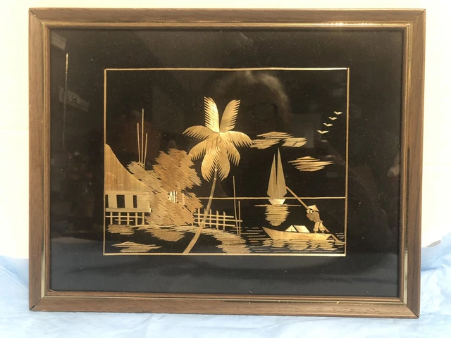 Framed Vintage Straw Art on Fabric Bamboo Wood Asian Landscape 8.5” X 11”