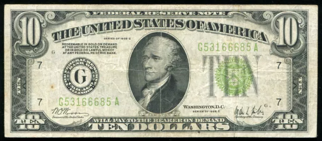 Fr. 2003-G 1928-C $10 Lgs Light Green Seal Frn Federal Reserve Note Scarce