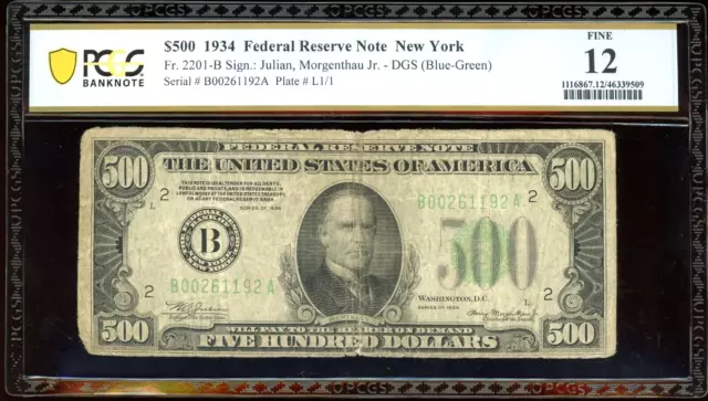 1934 $500 Federal Reserve Note Bill FRN FR-2201-B. Certified PCGS 12 (Fine)