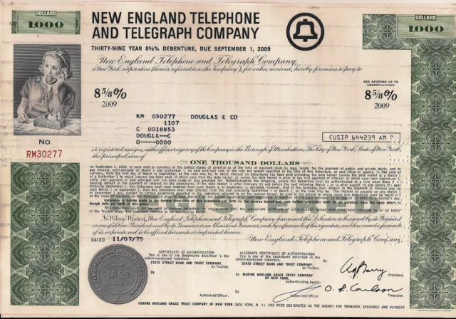 New England Telephone & Telegraph Company $1000 bond dated 1975