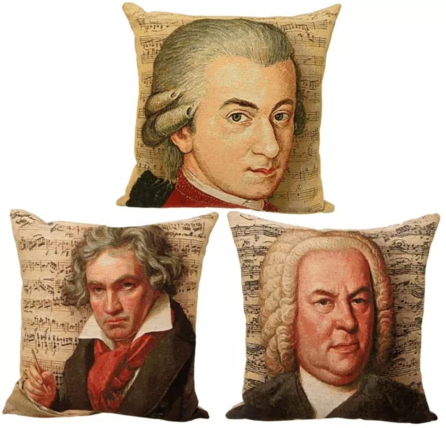 Set Of Three 18" 45Cm  Belgian Tapestry Cushion Covers, Mozart, Bach & Beethoven