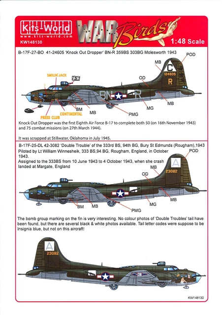 Kits World Decals 1/48 B-17F FLYING FORTRESS Knock Out Dropper & Double Trouble