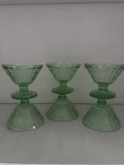 Vaseline Uranium Glass Block Optic Green Sherbert Dish Cups 1950s 3” Set Of 6