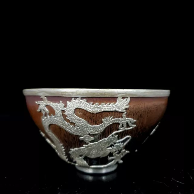 5" China ancient Song dynasty Jian kiln Inlaid silver Dragon Phoenix  bowl