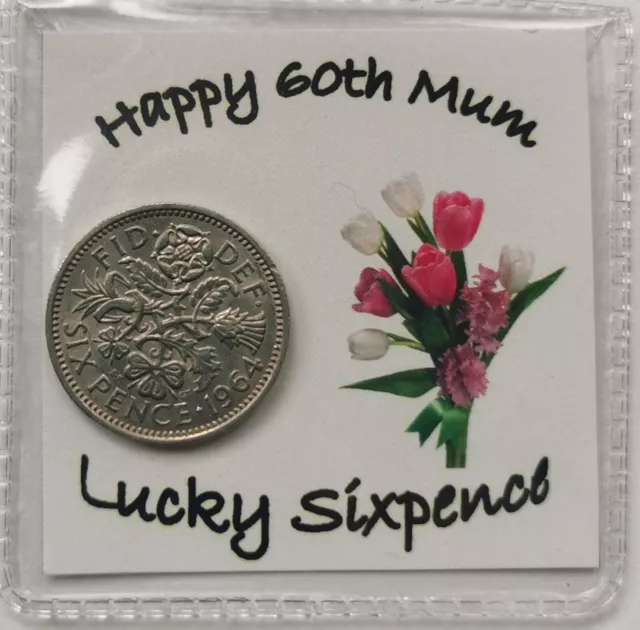 60th Mum Birthday Lucky Sixpence Gift* 1964 coin for 2024* *Cream Flower Design*