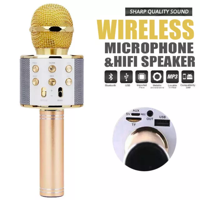 GOLD Wireless Bluetooth Karaoke Microphone Speaker Handheld Mic USB Player KTV