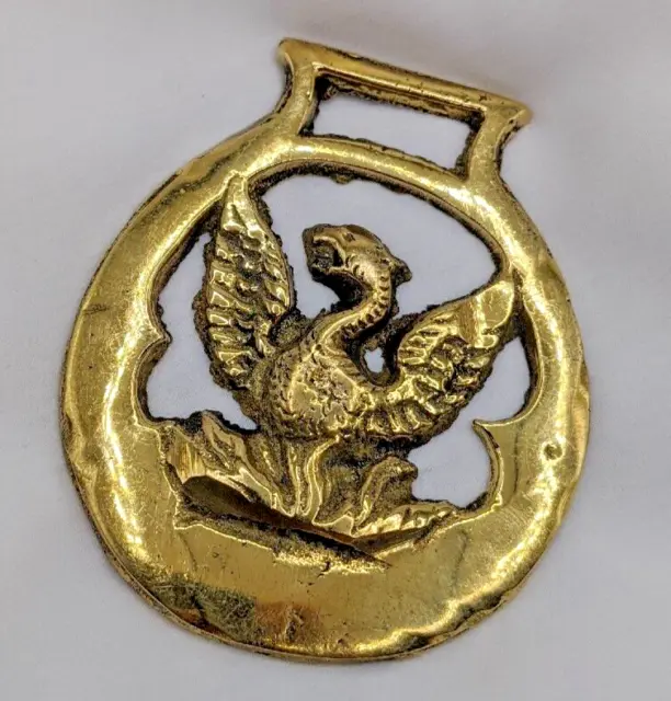Brass Horse Medallion Vintage English Phoenix Bird Rising Fire Parade Show