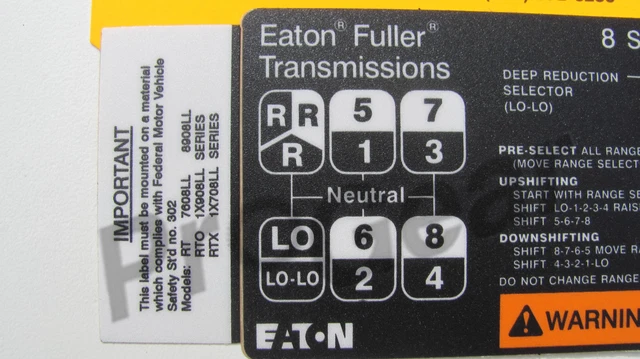 RT RTO RTX 8LL speed standard "H" shift pattern 20466 Eaton Fuller ...