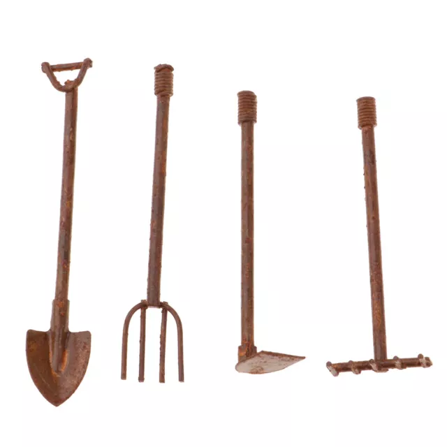 1/12 Dollhouse Miniature Metal Gardening Spade Rake Shovel Hoe Set Tools