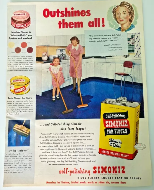 1948 Self-Polishing Simoniz Floor Wax Print Ad Outshines Them All Mom Daughter