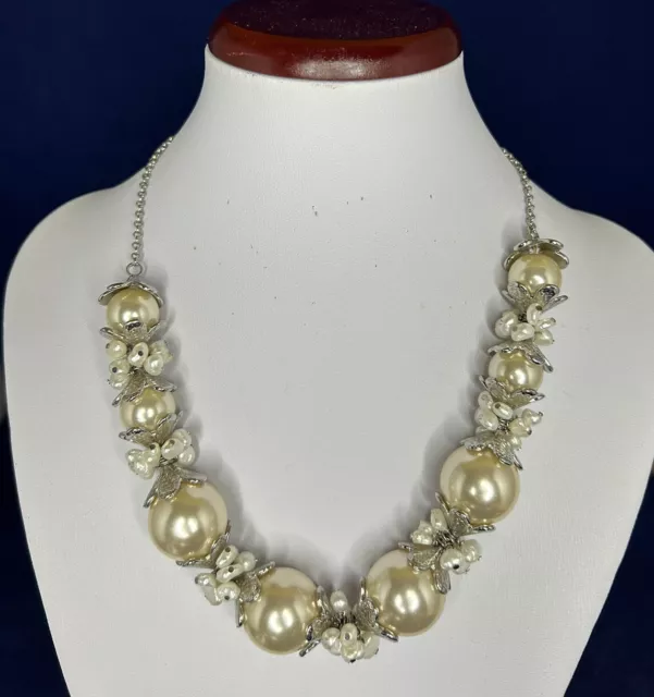Carolee Sautoir Necklace with Large Faux Pearls, Gilt Tube Links - Ruby Lane