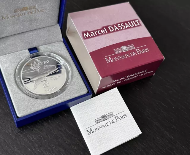 Moneda de Plata Piedfort Francia 2010 20 euros Marcel Dassault a prueba solo 2000 rara 3