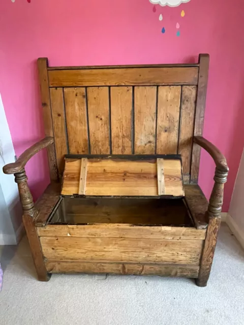 Antique Welsh Settle, Solid Pine, Circa 1880, Built In Storage, Monks Bench, Pew