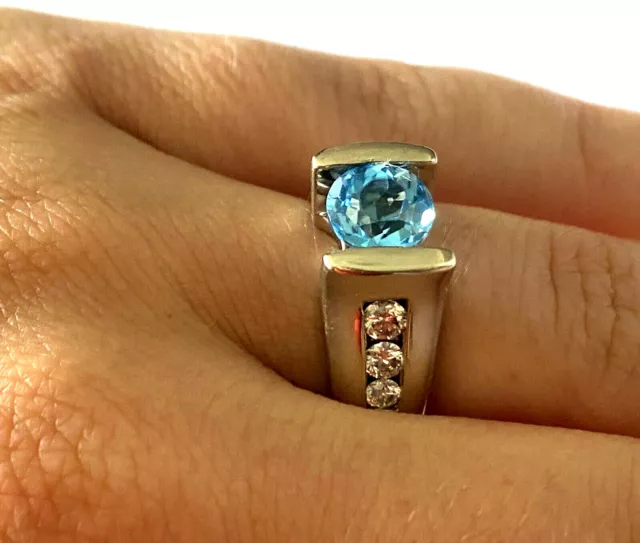 14K LC Solid White Gold Natural 6 Diamond Blue Topaz Ladies Heavy Ring Size 6