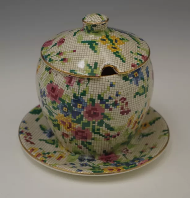 ROYAL WINTON GRIMWADES 1930's QUEEN ANNE CHINTZ JAMPOT HONEY POT WITH UNDERPLATE